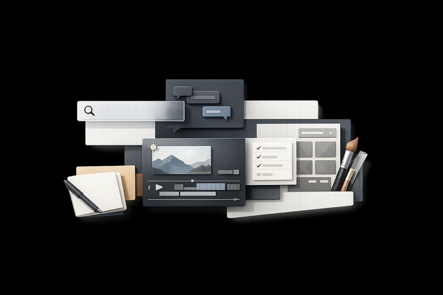 Abstract Losi feature system cluster with search, notes, chat, and creative tools